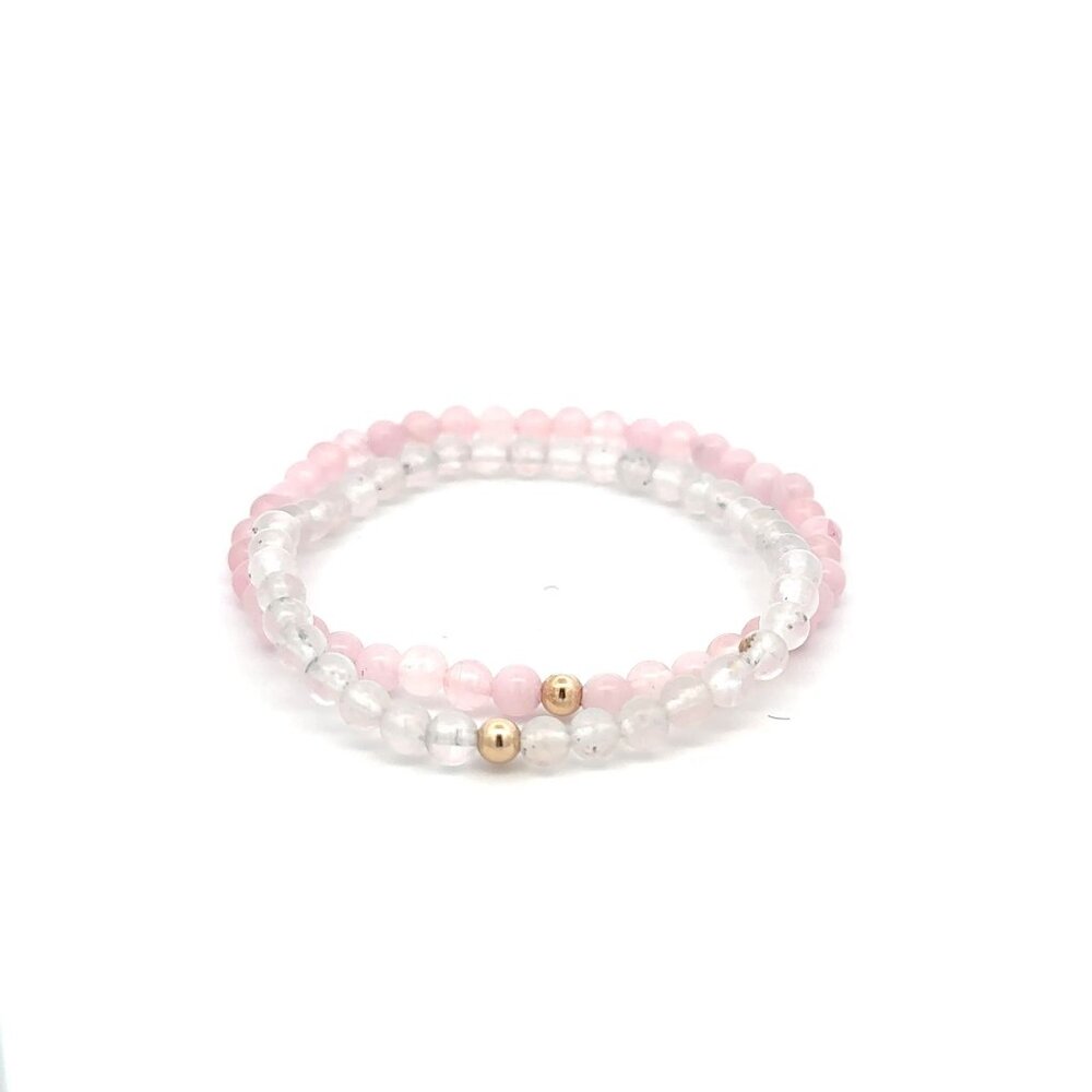 Moonstone & Rose Quartz Gemstone Stretch Bracelet with 14K Gold Accent Bead Hand